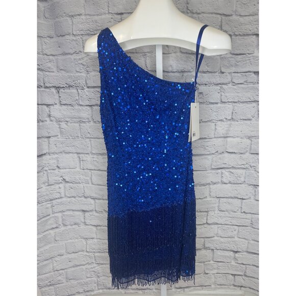 Mac Duggal Sequined Mini Dress NEW Cobalt Blue One Shoulder Fringe Hem Size 6 - Picture 12 of 13